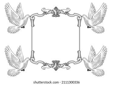 Vintage banner with flying white doves. Flying background with beautiful pigeons. Vintage engraving stylized drawing. Vector illustration.