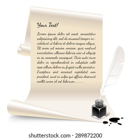 Vintage banner in the form of white paper with an inkwell and feather. Vector Illustration