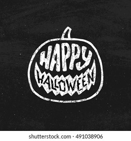 Vintage banner for Halloween celebration with typography and pumpkin shape on black chalkboard. Trick or Treat holiday tradition.
