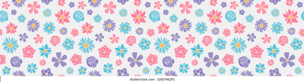 Vintage banner with hand dran flowers - seamless pattern. Vector.