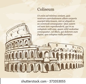 Vintage banner with hand drawn illustration of Coliseum (Colosseum), Rome, Italy. Travel Italy beige grunge background with place for text