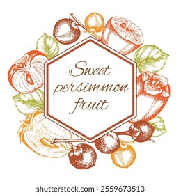 Vintage banner with hand drawn persimmon fruits and leaves. Vector illustration.