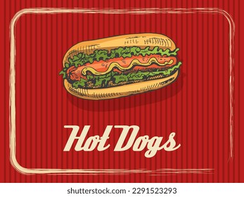 Vintage banner with a hot dog. Sketch, engraving. Vector hand-drawn food for menu, advertising or packaging.