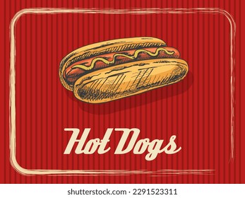 Vintage banner with a hot dog. Sketch, engraving. Vector hand-drawn food for menu, advertising or packaging.