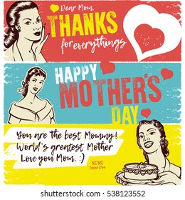 Vintage banner illustration of happy mothers day. Woman housewife serving cake. Beauty woman with textured background. Isolated artwork object. Suitable for any print and on-line media need.