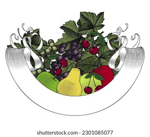 Vintage banner made of ribbon with fruit. Fresh fruits - apples, pears, grapes and cherries. Template for a vegetarian restaurant. Vector illustration.	
