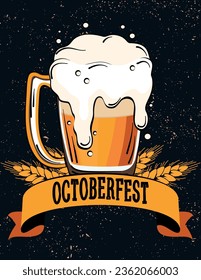 Vintage banner of Oktoberfest festival with lettering Oktoberfest, beer mugs and ears of barley by chalk background. Vector illustration