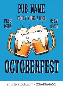 Vintage banner of Oktoberfest festival with lettering Oktoberfest, beer mugs and ears of barley by chalk background. Vector illustration