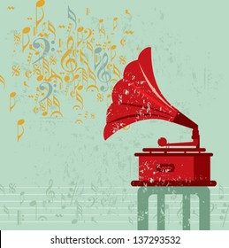 Vintage banner with old gramophone. Vector illustration.