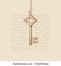 Vintage banner with an old hand-drawn key hanging on a string and handwritten text Lorem ipsum. Vector illustration in retro style with brown drawings on the old paper background