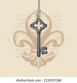 Vintage banner with an old hand-drawn key hanging on a string, fleur de lis and handwritten text Lorem ipsum. Vector illustration in retro style with drawings on the old paper background