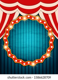 Vintage banner on Red curtain and circus retro background. Design for presentation, concert, show