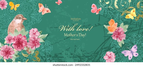 vintage banner with a pretty bird in peony flowers and flying butterflies. vector watercolour painting