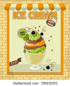 Vintage banner with realistic ice cream in the glass bowl with store, shop symbol. Text Ice cream, Home made, Always fresh. eps10