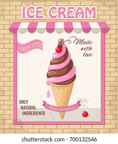 Vintage banner with realistic waffle cone ice cream and red currant. Ice cream parlor, store, shop symbol and ribbon with text best in town. eps 10