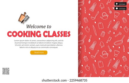 Pancarta vintage con motivos de cocina roja, pegatina con tablero de corte y cuchillo, botones, código qr y texto - ¡bienvenidos a clases de cocina! Página web, afiche publicitario con invitación a cursos culinarios