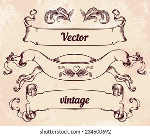 Vintage banner ribbon isolated on beige, vector illustration. Copy space for your text. 