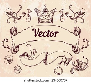 Vintage banner ribbon isolated on beige, vector illustration. Copy space for your text. 