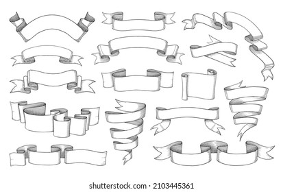 Vintage Banner. Scroll Ribbon Sketch. Retro Antique Decorative Element For Books And Stickers. Hand Drawn Ancient Empty Labels. Waving Classic Flag Placards. Vector Engraving Tapes Set