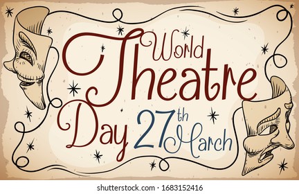 Vintage banner with tragedy and comedy masks draw on it, decorated with glowing stars and greeting promoting World Theatre Day celebration this 27th March.