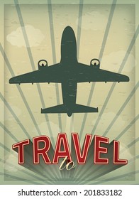 vintage banner to travel the world in airplane