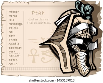 Vintage banner for T-shirts and tattoos on the theme of the ancient Egyptian gods. Ptah patron of artisans and architects.