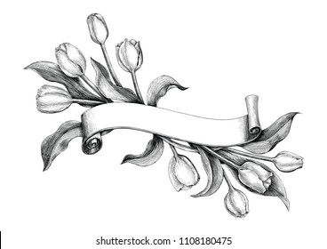 Vintage banner with tulips flower hand drawing vintage clip art