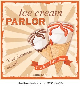 Vintage banner with two realistic waffle cone ice creams. Ice cream parlor letters and ribbon with text fresh and delicious. eps 10