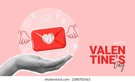 Vintage banner for Valentine's day. Halftone hand holds red envelope with hand drawn wings and heart. Collage with cut out symbols of Valentine's day. Vector illustration with doodles.