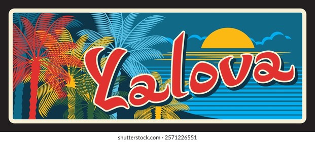 Vintage banner for Yalova Turkish il. Vector retro travel plaque in vibrant red script set against a tropical background with palm trees and bright sun setting over a calm sea. Old touristic postcard