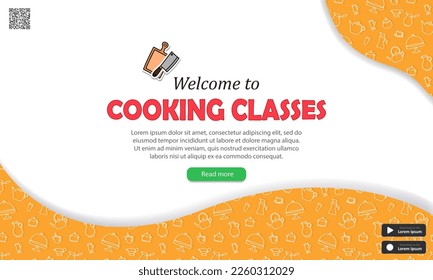 Pancarta vintage con motivos de cocina amarilla, pegatina con tabla de corte y cuchillo, botones, código qr y texto - ¡bienvenidos a clases de cocina! Afiche publicitario con información sobre cursos culinarios