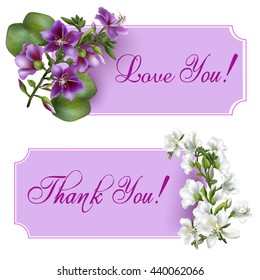 Vintage banners with blooming flowers, 'Thank You' / 'Love You' wording and place for your text. Vector illustration