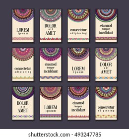 Vintage banners cards set. Ornamental mandala, ethnic circle decorative elements in boho style.