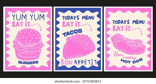 Vintage banners of fast food. Food posters in retro style for the kitchen and cafe. Art for poster design, wall decor, background, prints. Tacos, burger, hot dog. Modern hand drawn text