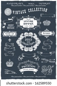 Vintage banners and labels set with decorative elements. Vector.