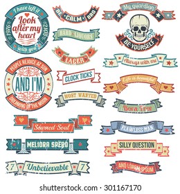 Vintage banners and ribbons needed for the emblems and logos, in grunge style. Logo with skull. Scratches and text are grouped separately and can be easily removed.