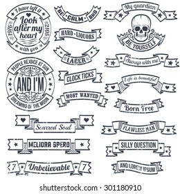 Vintage banners and ribbons of unusual shape with grunge texture. Hipster emblem with skull. Retro elements for logos. Worn layer and text can be easily removed.