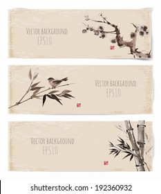 Vintage banners with sakura, bamboo and bird in sumi-e style. Vector illustration. Traditional Japanese painting. Hand-drawn with ink. Sealed with decorative red stamp. 