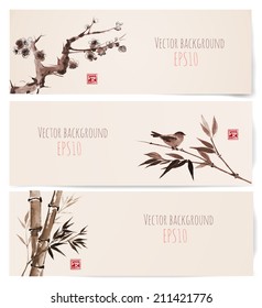 Vintage banners with sakura, bamboo and bird in sumi-e style. Traditional Japanese painting. Hand-drawn with ink. Sealed with decorative red stamp. 