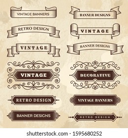 Vintage banners. Wedding flourish ornament grunge ribbons chalkboard textures vector retro style badges