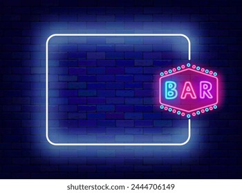 Vintage bar neon advertising. Nightclub banner. Colorful handwritten text. Event invitation. Empty white frame and typography. Retro evening. Copy space. Editing text. Vector stock illustration