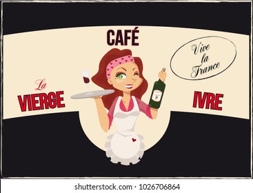 Vintage bar poster with cartoon waitress in the middle
