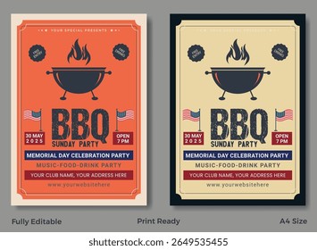 Vintage barbecue event poster set with bold typography, grilled meat illustrations, and retro color palette.