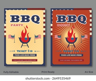 Vintage barbecue event poster set with bold typography, grilled meat illustrations, and retro color palette.