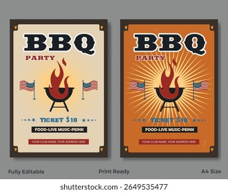 Vintage barbecue event poster set with bold typography, grilled meat illustrations, and retro color palette.