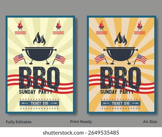 Vintage barbecue event poster set with bold typography, grilled meat illustrations, and retro color palette.