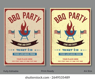 Vintage barbecue event poster set with bold typography, grilled meat illustrations, and retro color palette.