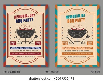 Vintage barbecue event poster set with bold typography, grilled meat illustrations, and retro color palette.