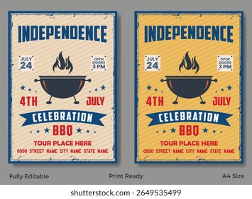 Vintage barbecue event poster set with bold typography, grilled meat illustrations, and retro color palette.