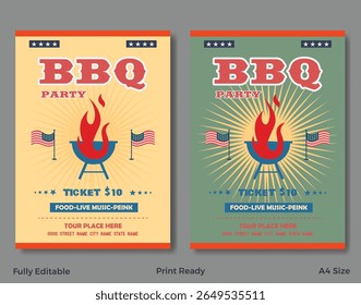 Vintage barbecue event poster set with bold typography, grilled meat illustrations, and retro color palette.